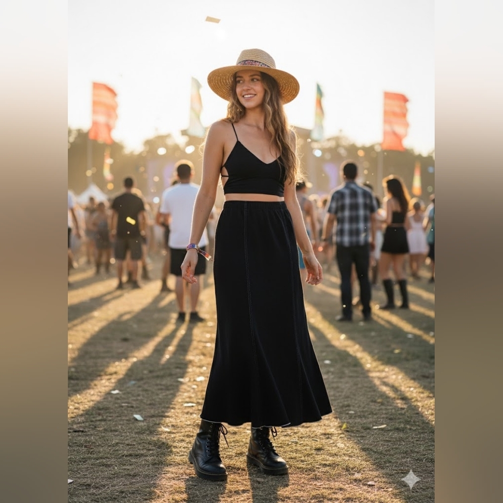 Y2K Black Dark Mermaid Skirt Maxi Cotton Blend Women's L XL Festival